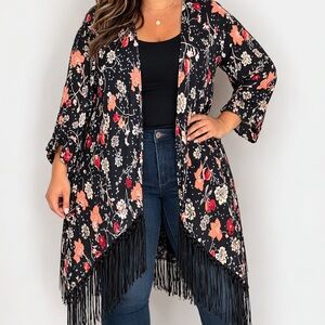 Torrid Black Floral Boho Kimono Fringe Cardigan Size 1 (1X) Lightweight